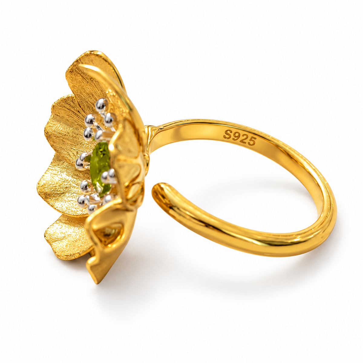 925 Sterling Silver 18K Gold Plated Natural Olivine Floral Adjustable Ring
