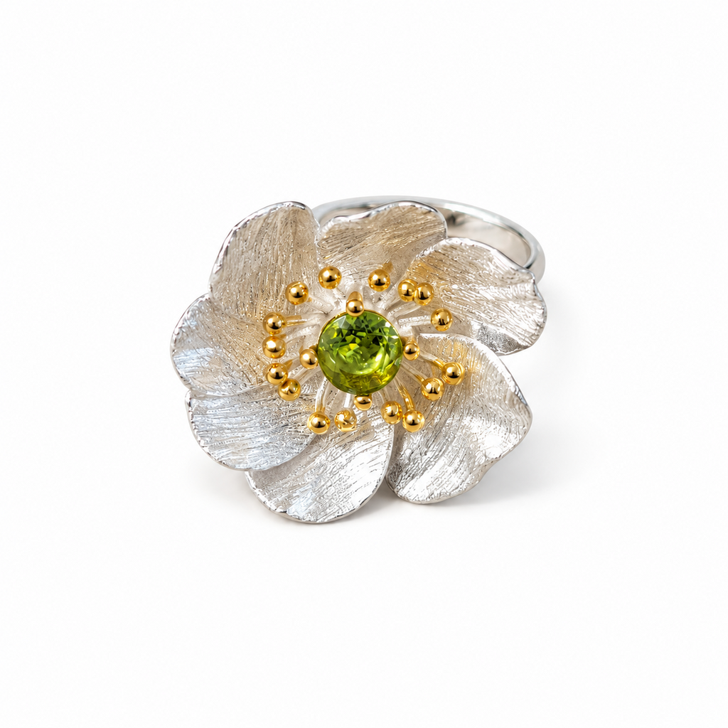 925 Sterling Silver Natural Olivine Floral Adjustable Statement Ring