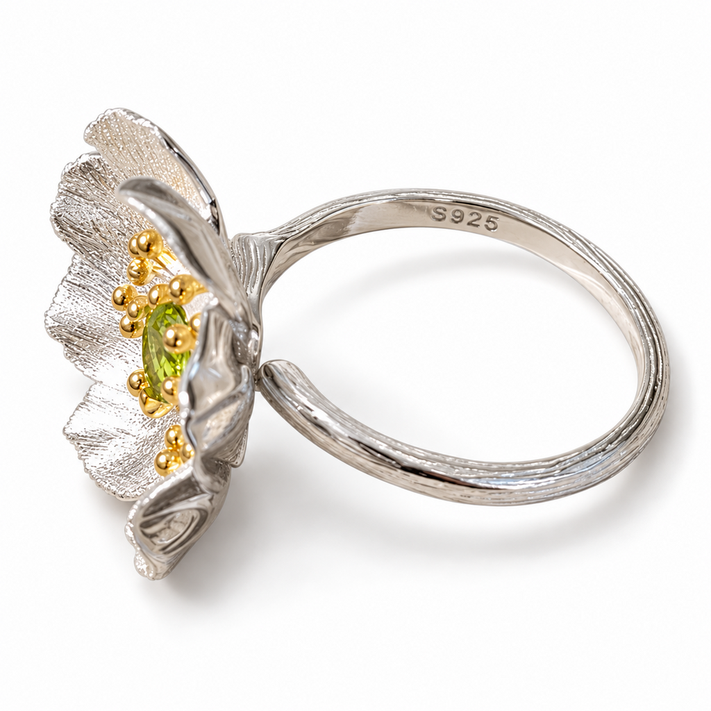 925 Sterling Silver Natural Olivine Floral Adjustable Statement Ring