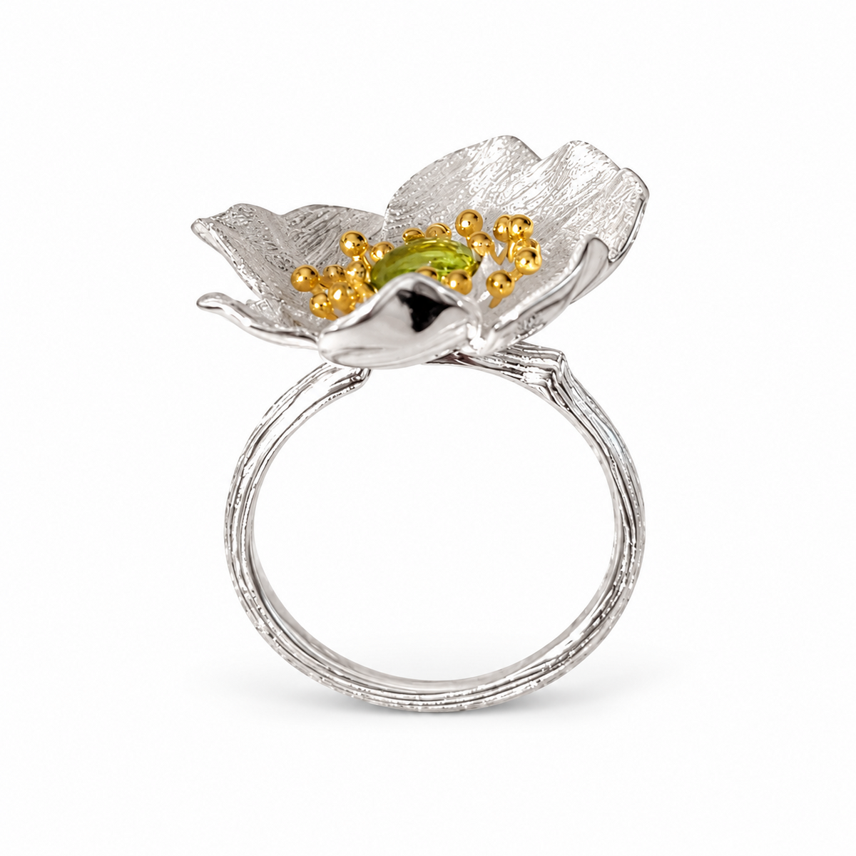 925 Sterling Silver Natural Olivine Floral Adjustable Statement Ring