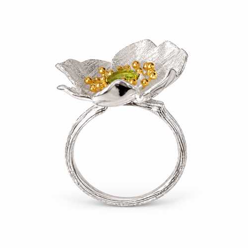 925 Sterling Silver Natural Olivine Floral Adjustable Statement Ring