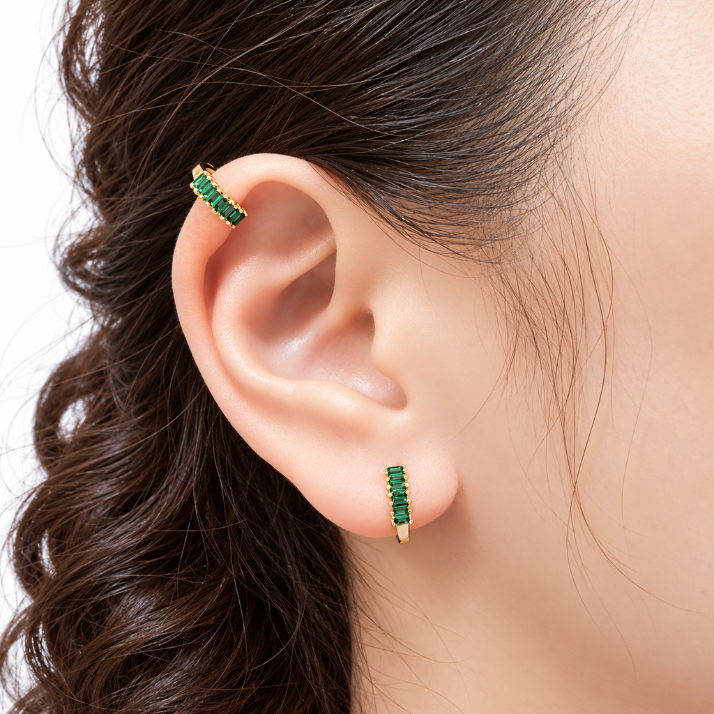 925 Sterling Silver Green CZ Helix Huggie Hoop Earrings 10mm – Silver & 18K Gold Plated