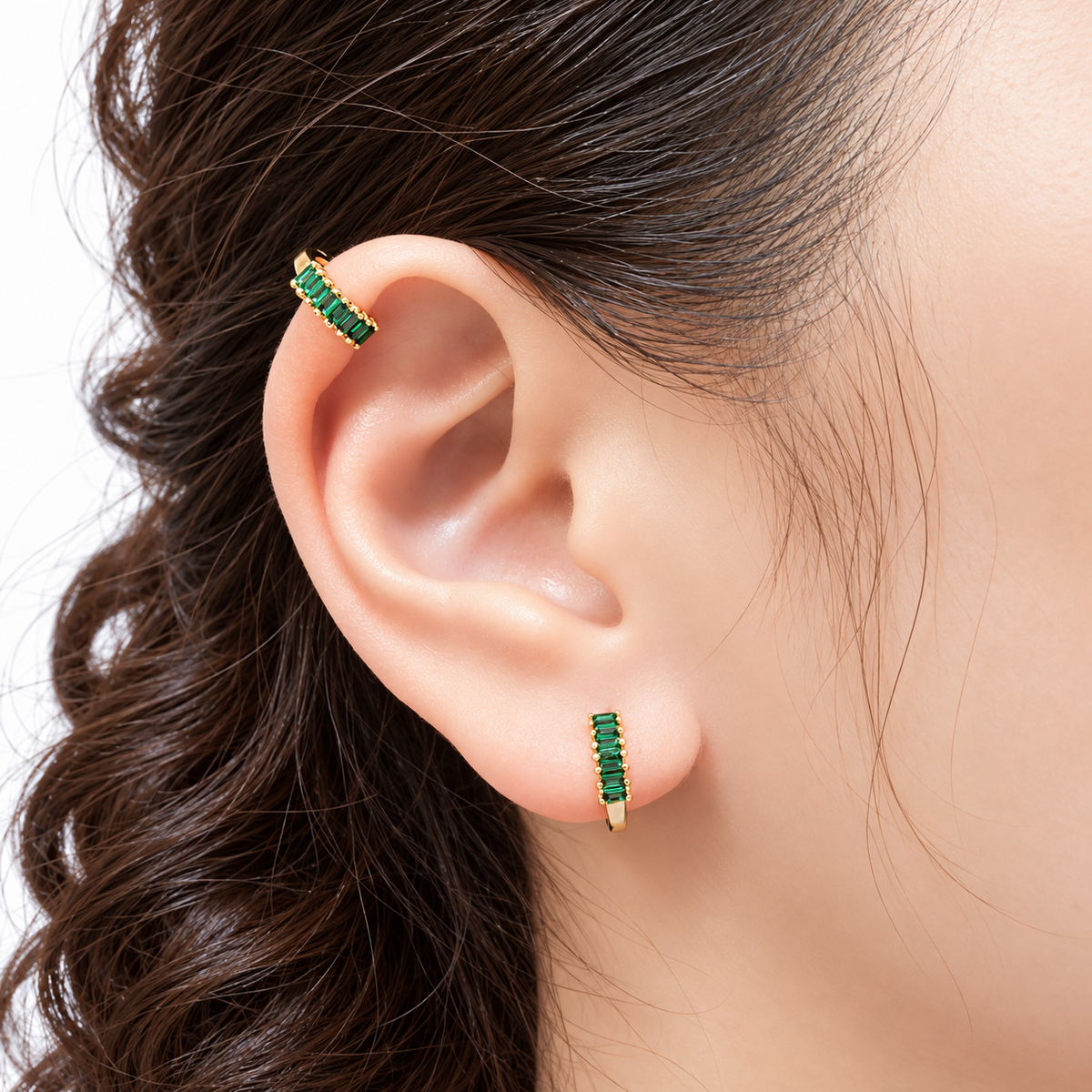 925 Sterling Silver Green CZ Helix Huggie Hoop Earrings 10mm – Silver & 18K Gold Plated