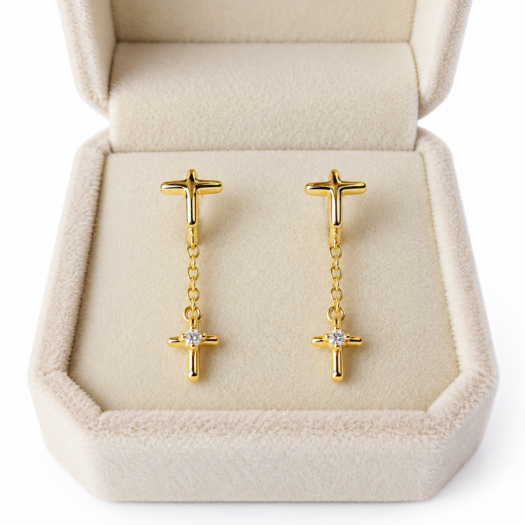 18K Gold-Plated 925 Sterling Silver Cross Drop Huggie Helix Earrings