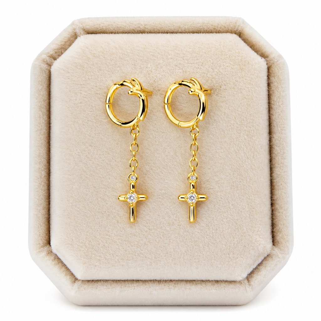 18K Gold-Plated 925 Sterling Silver Cross Drop Huggie Helix Earrings
