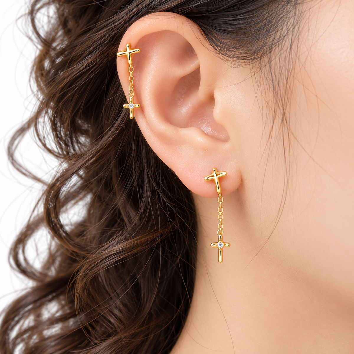 18K Gold-Plated 925 Sterling Silver Cross Drop Huggie Helix Earrings
