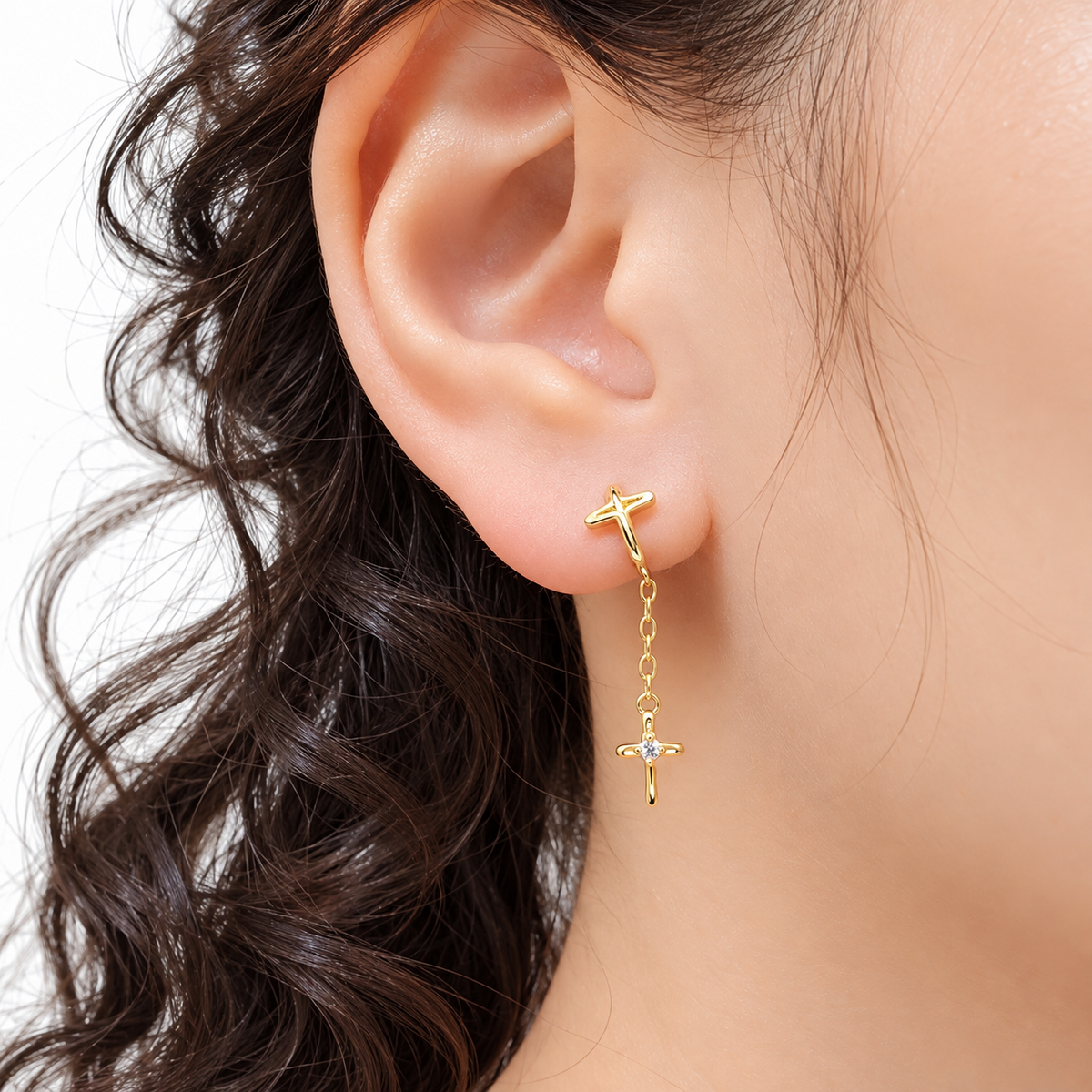 18K Gold-Plated 925 Sterling Silver Cross Drop Huggie Helix Earrings