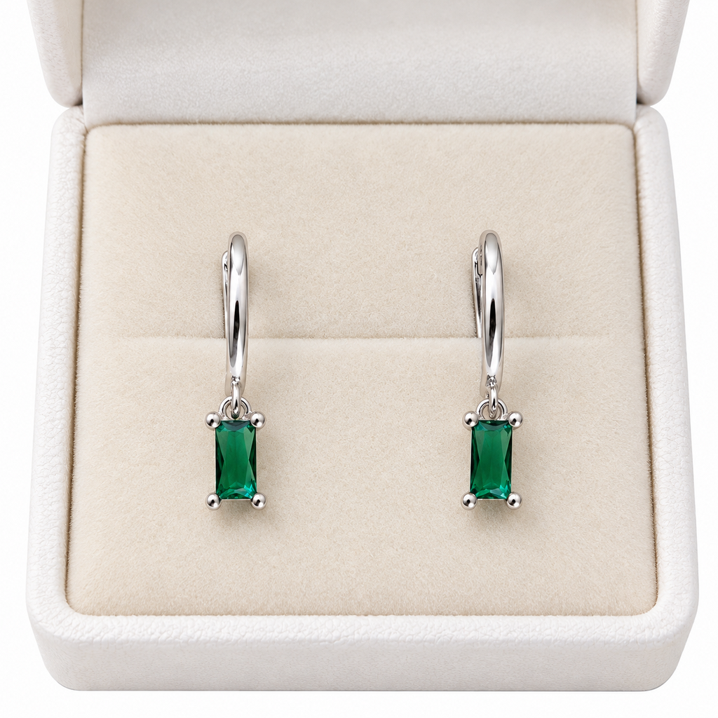 925 Sterling Silver Green CZ Baguette Drop Huggie Hoop Earrings