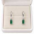 925 Sterling Silver Green CZ Baguette Drop Huggie Hoop Earrings