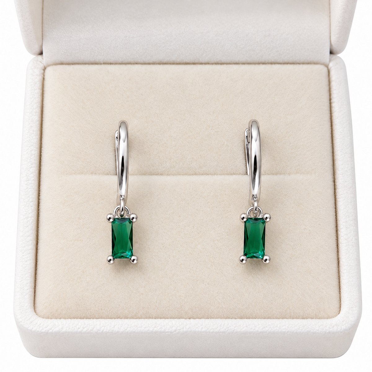 925 Sterling Silver Green CZ Baguette Drop Huggie Hoop Earrings
