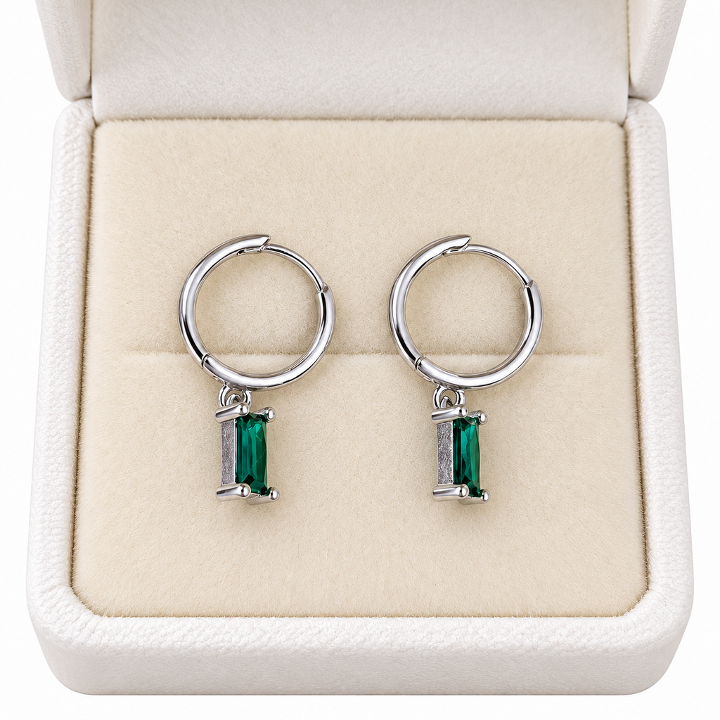 925 Sterling Silver Green CZ Baguette Drop Huggie Hoop Earrings