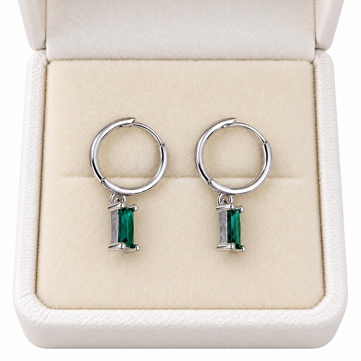 925 Sterling Silver Green CZ Baguette Drop Huggie Hoop Earrings