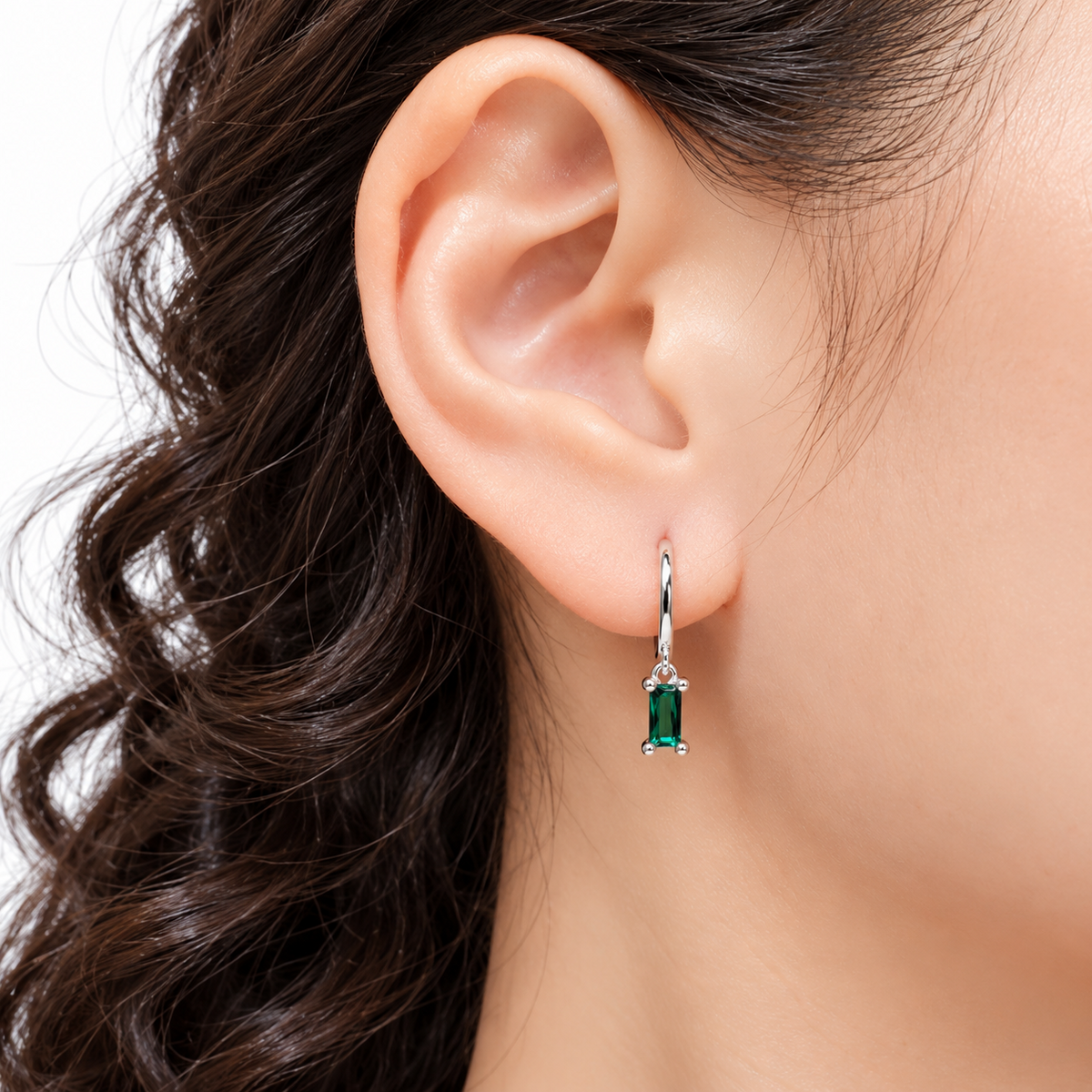 925 Sterling Silver Green CZ Baguette Drop Huggie Hoop Earrings