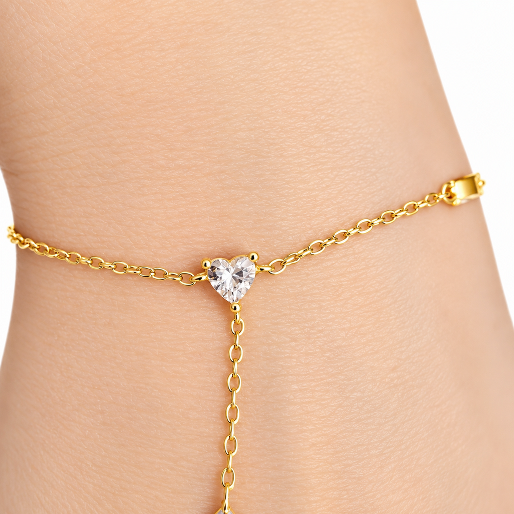 S925 Sterling Silver CZ Heart & Leaf Ring Bracelet – 18K Gold Plated
