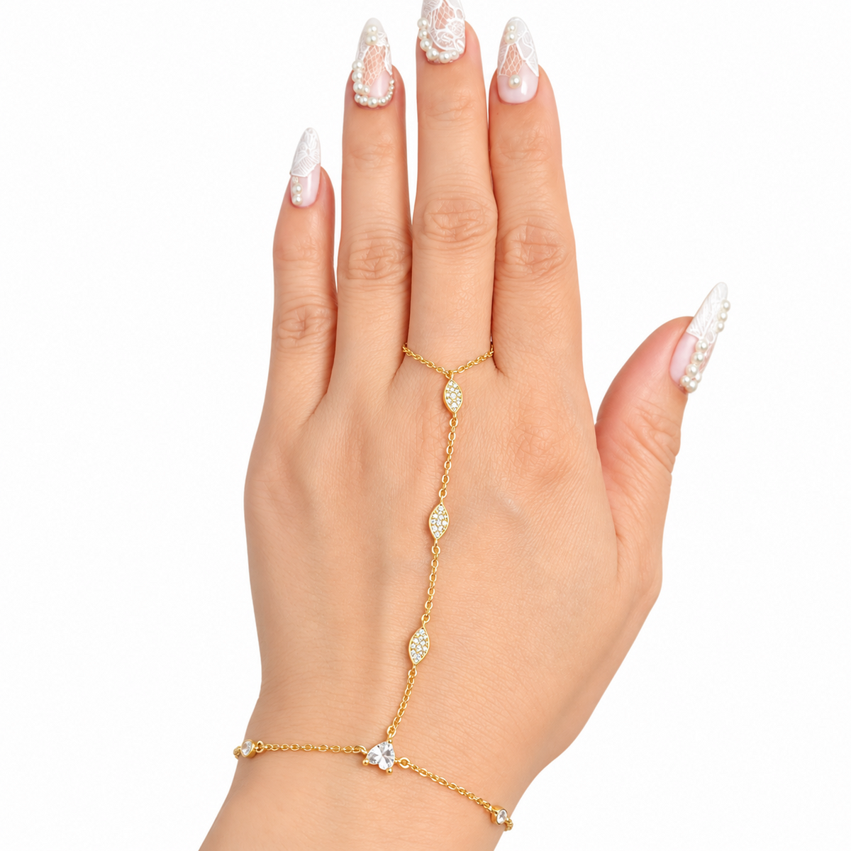 S925 Sterling Silver CZ Heart & Leaf Ring Bracelet – 18K Gold Plated
