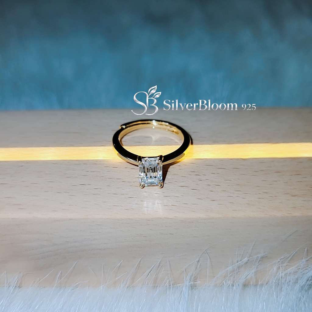 SilverBloom 925 Adjustable Emerald Cut Moissanite Solitaire Ring – 14K Gold Plated Sterling Silver