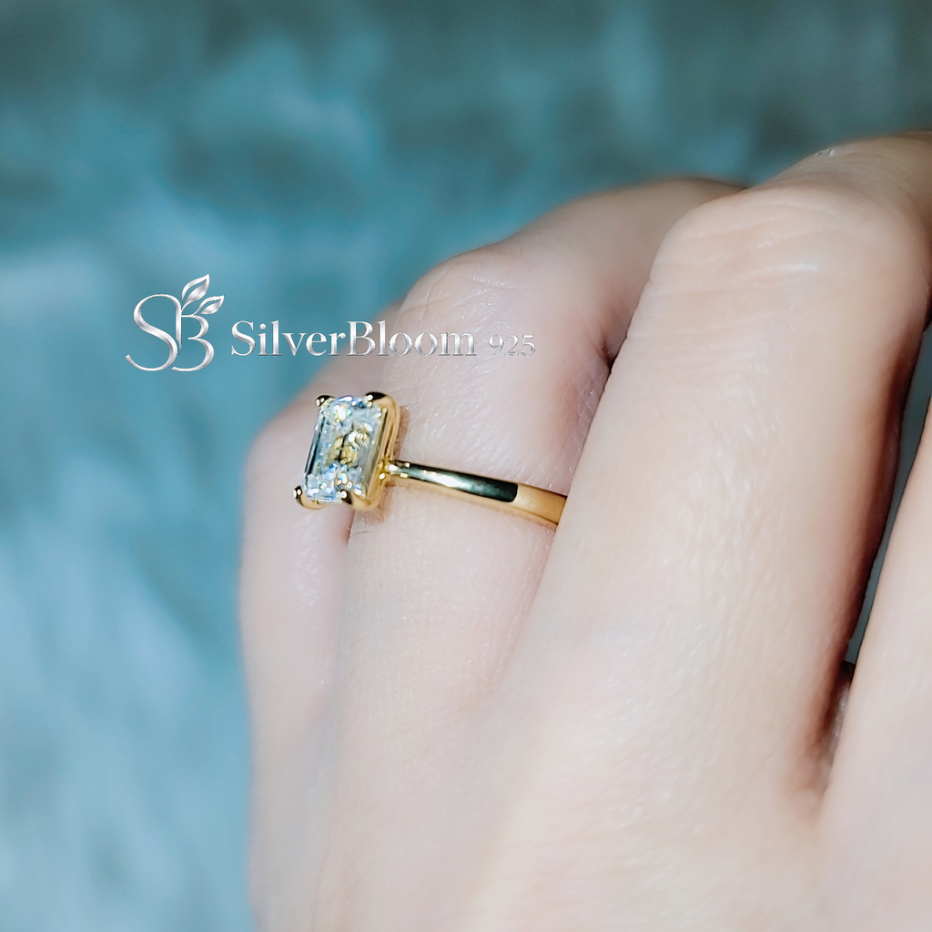 SilverBloom 925 Adjustable Emerald Cut Moissanite Solitaire Ring – 14K Gold Plated Sterling Silver