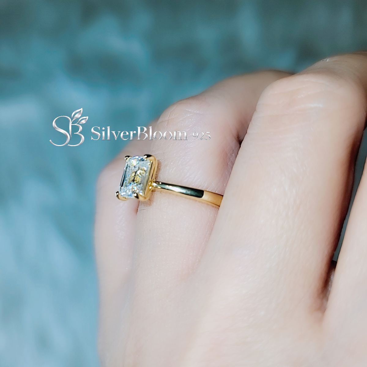SilverBloom 925 Adjustable Emerald Cut Moissanite Solitaire Ring – 14K Gold Plated Sterling Silver