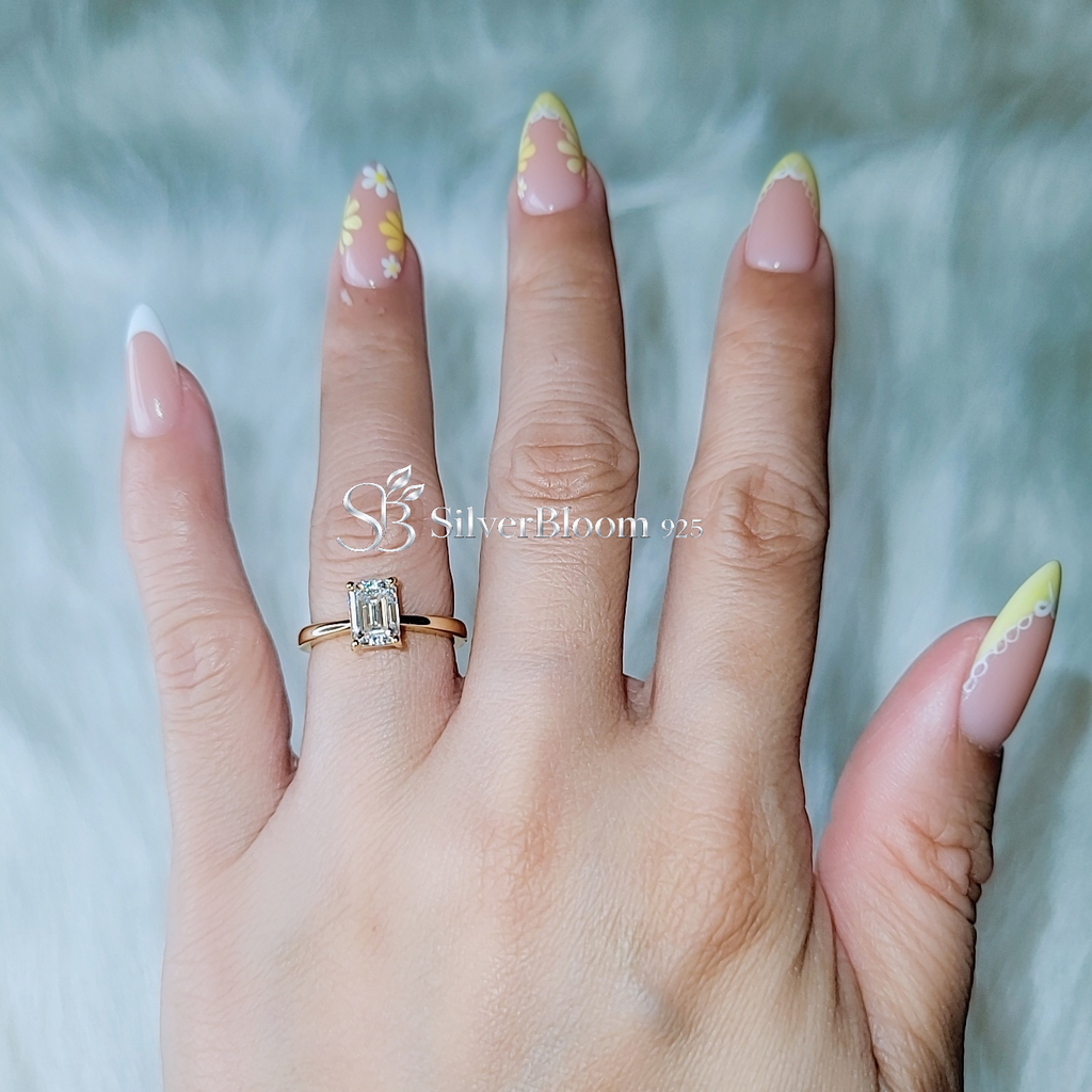 SilverBloom 925 Adjustable Emerald Cut Moissanite Solitaire Ring – 14K Gold Plated Sterling Silver