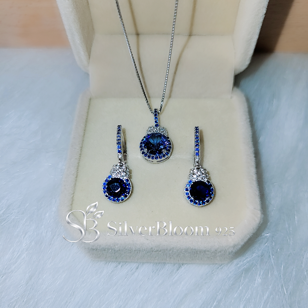 SilverBloom 925 Blue Synthetic Tanzanite & 5A Cubic Zirconia Necklace and Earrings Set