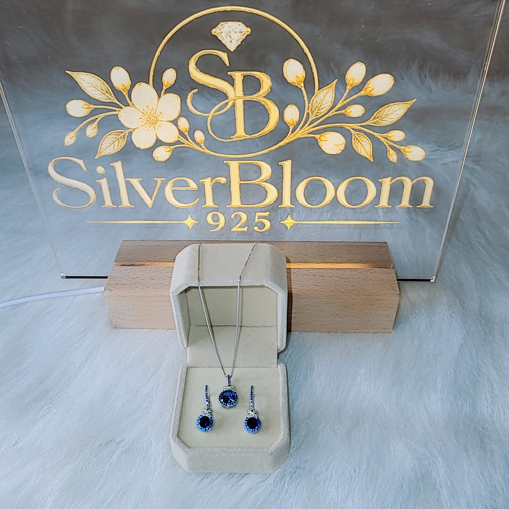 SilverBloom 925 Blue Synthetic Tanzanite & 5A Cubic Zirconia Necklace and Earrings Set