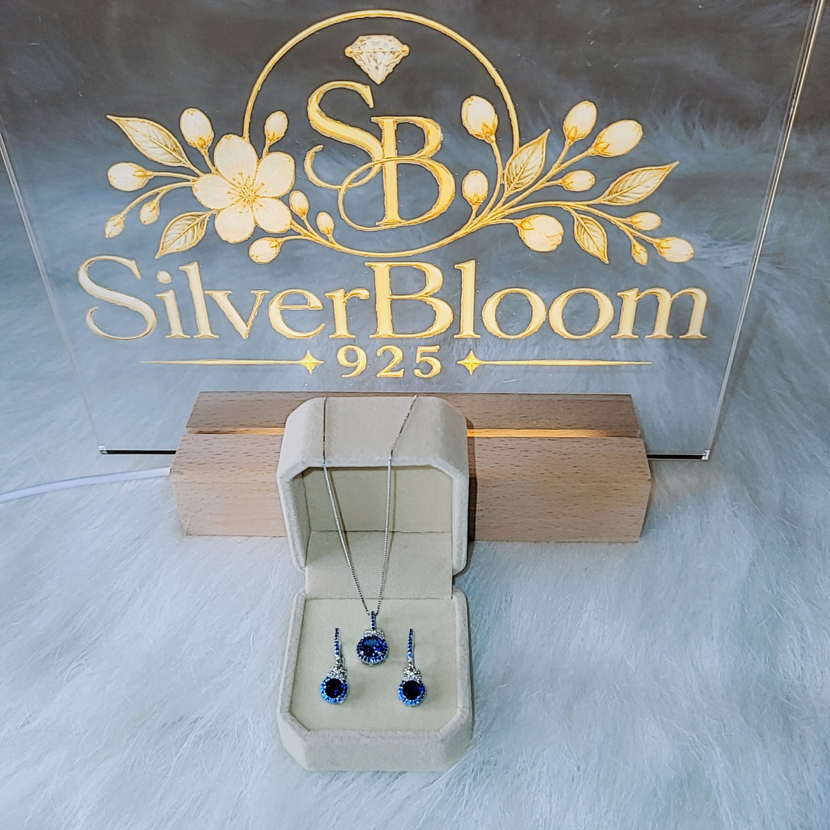 SilverBloom 925 Blue Synthetic Tanzanite & 5A Cubic Zirconia Necklace and Earrings Set
