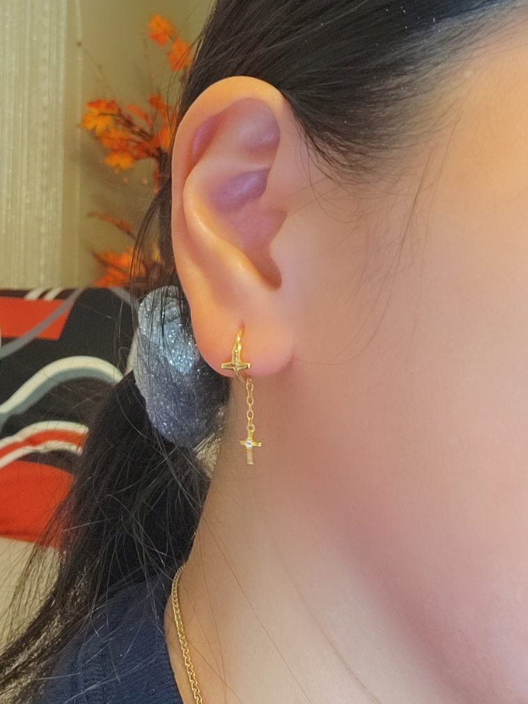 SilverBloom 925 18K Gold-Plated Sterling Silver Cross Drop Huggie Earrings