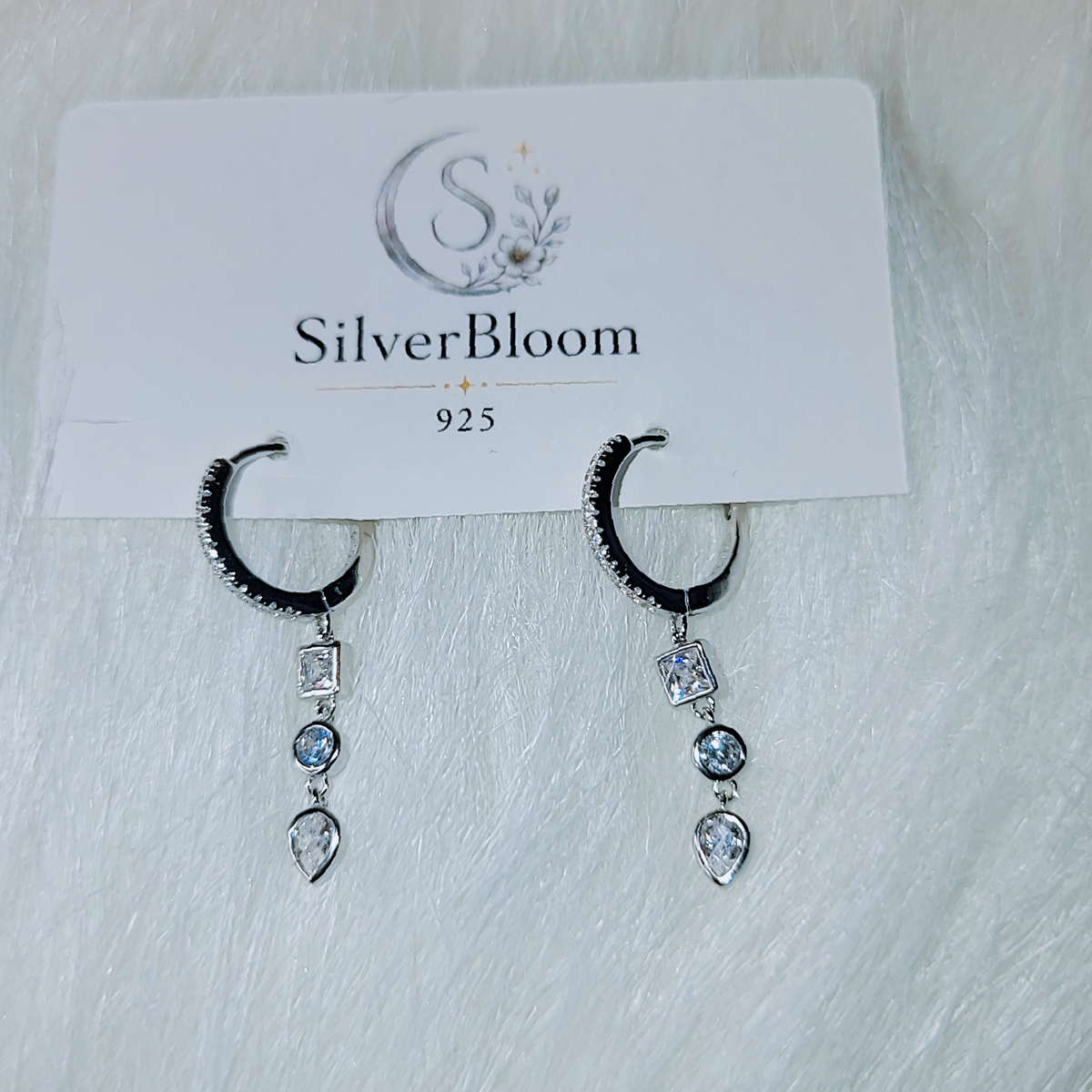 SilverBloom 925 Round-Cut Cubic Zirconia Long Drop Huggie Earrings