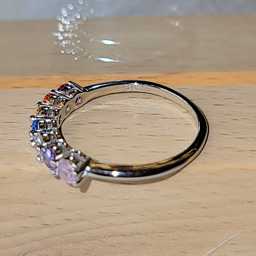SilverBloom 925 Rainbow Cubic Zirconia Band Ring – Rhodium-Plated Sterling Silver, Size 8