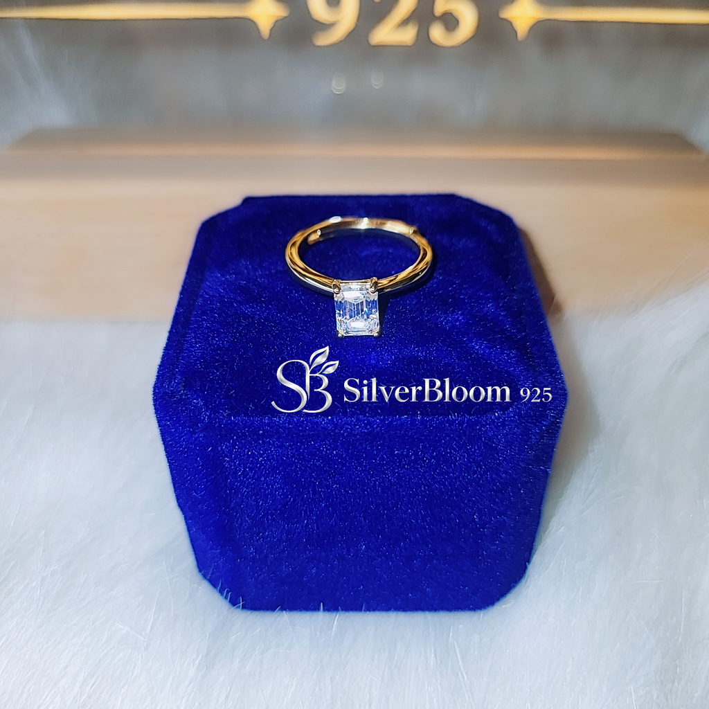 SilverBloom 925 Adjustable Emerald Cut Moissanite Solitaire Ring – 14K Gold Plated Sterling Silver