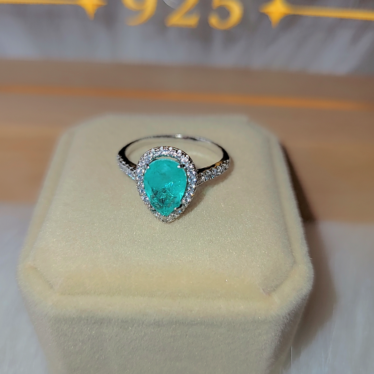 SilverBloom 925 Turquoise-Green Cubic Zirconia Waterdrop Ring – Size 8