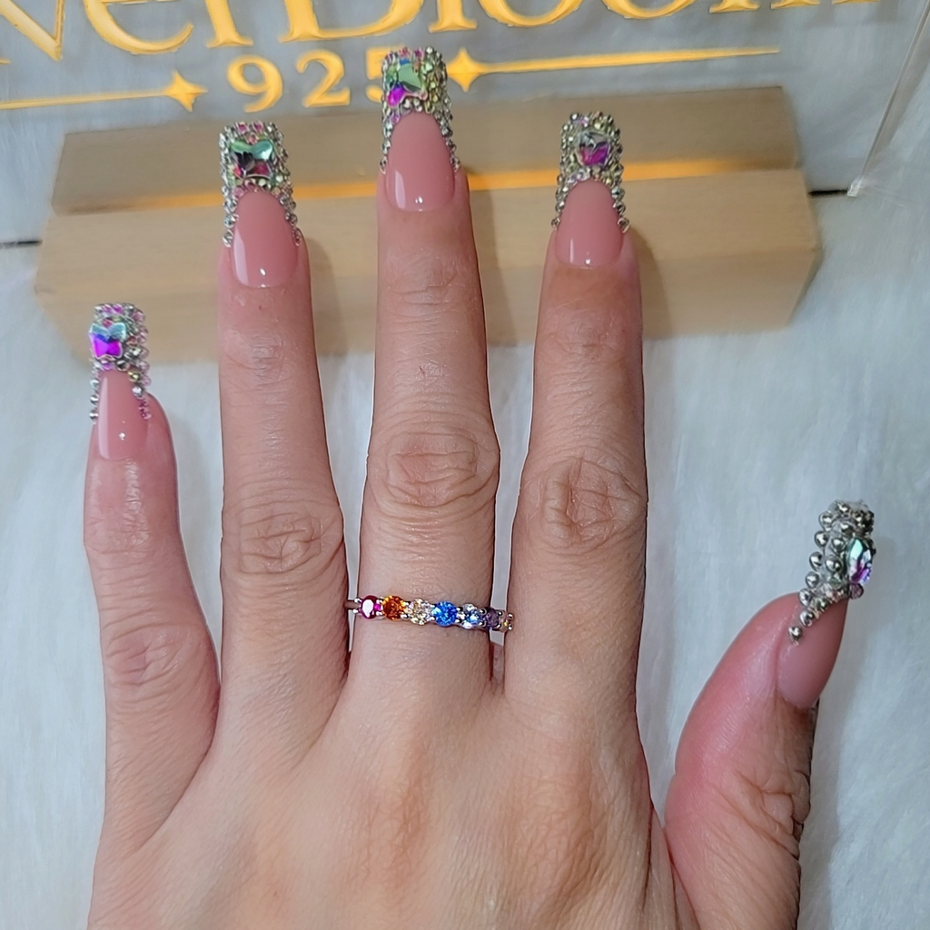 SilverBloom 925 Rainbow Cubic Zirconia Band Ring – Rhodium-Plated Sterling Silver, Size 8