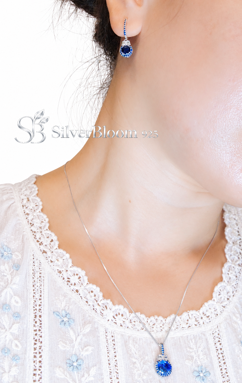 SilverBloom 925 Blue Synthetic Tanzanite & 5A Cubic Zirconia Necklace and Earrings Set