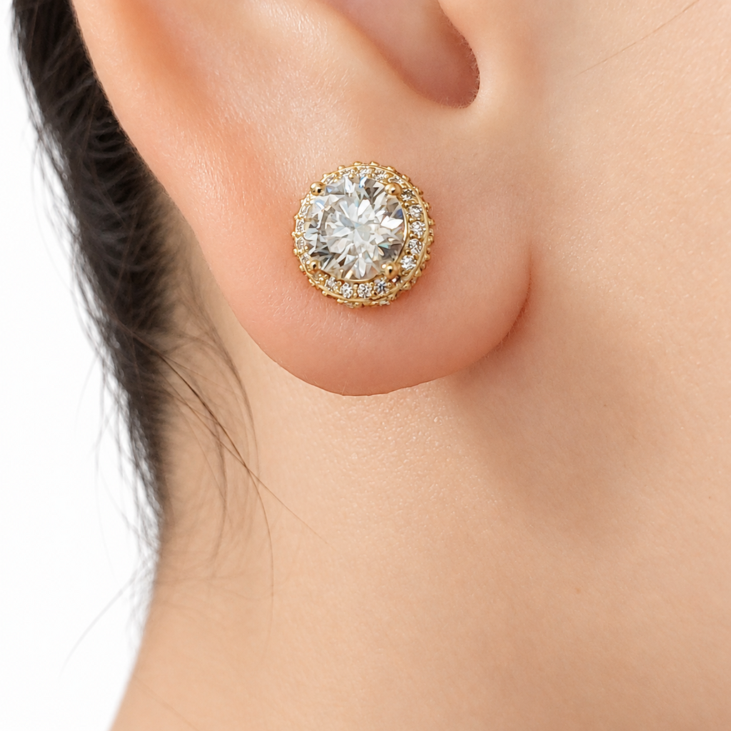 SilverBloom 925 6.5mm Round Moissanite Stud Earrings – 14K Gold-Plated Sterling Silver