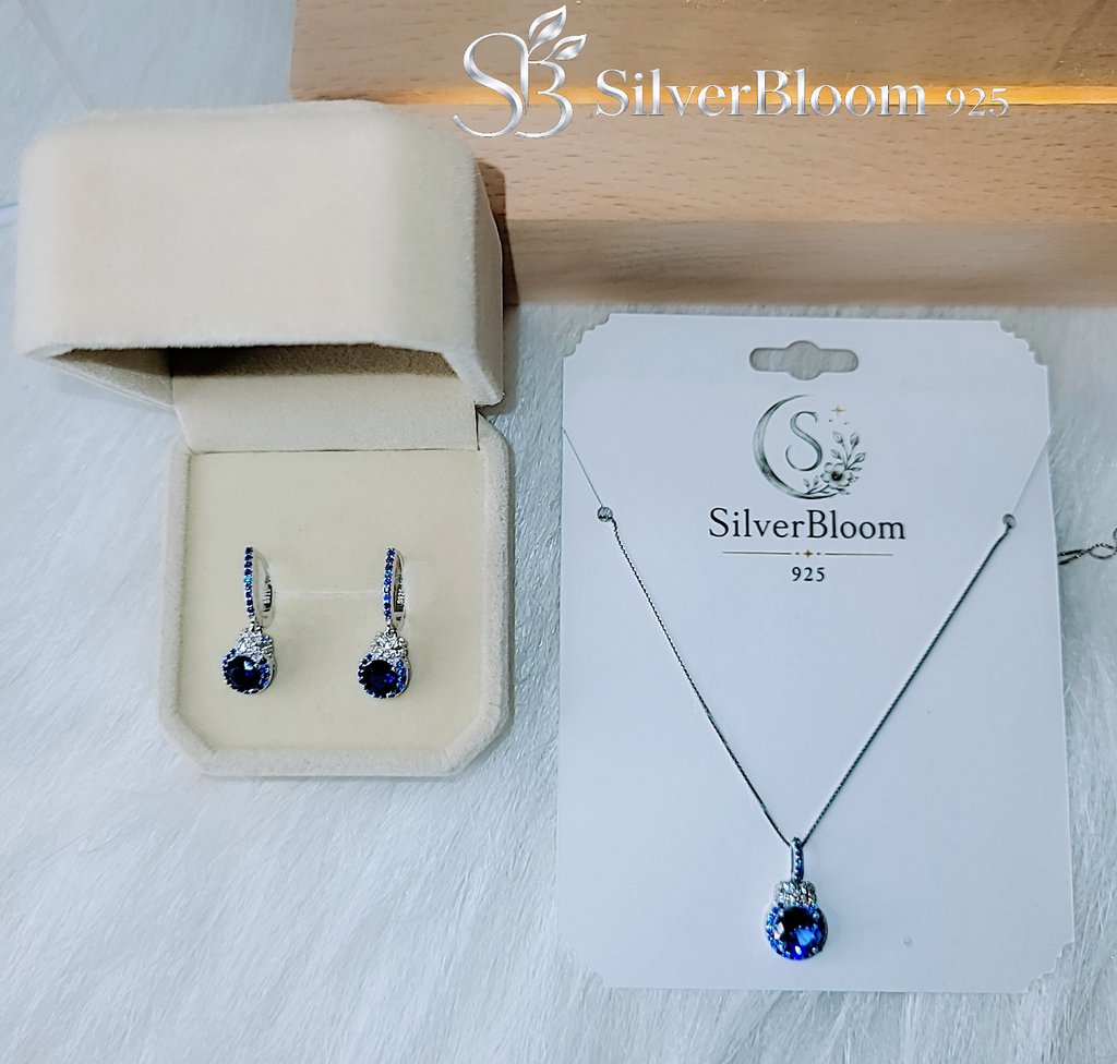SilverBloom 925 Blue Synthetic Tanzanite & 5A Cubic Zirconia Necklace and Earrings Set