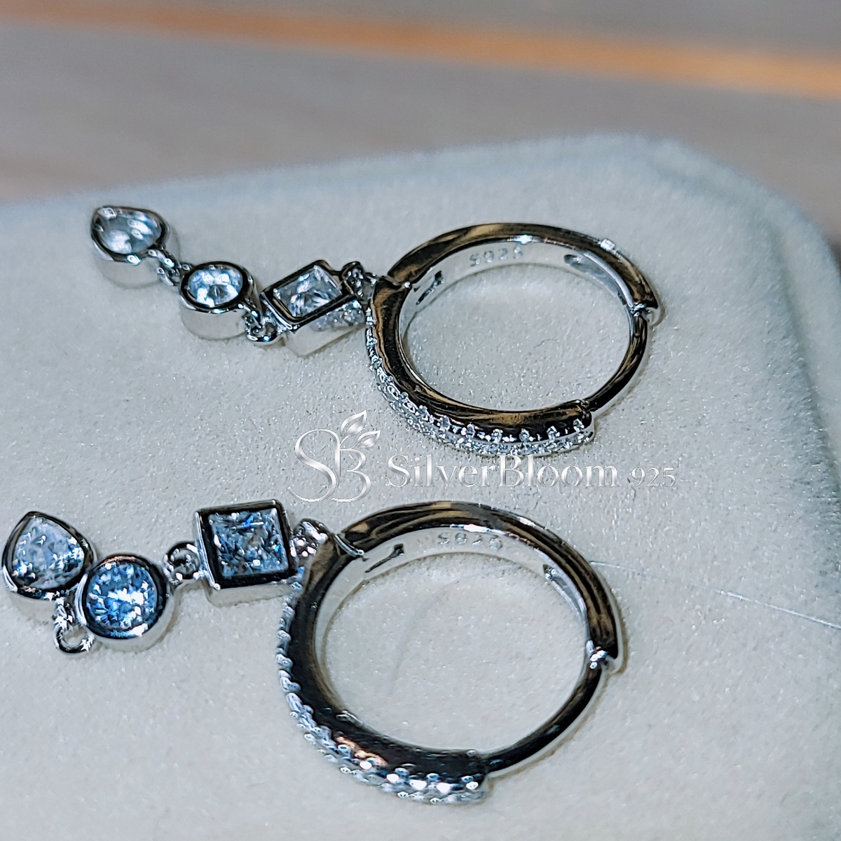 SilverBloom 925 Round-Cut Cubic Zirconia Long Drop Huggie Earrings