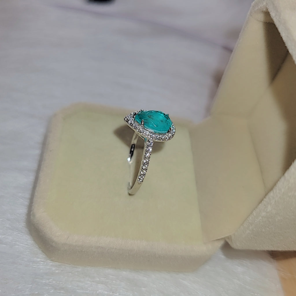SilverBloom 925 Turquoise-Green Cubic Zirconia Waterdrop Ring – Size 8