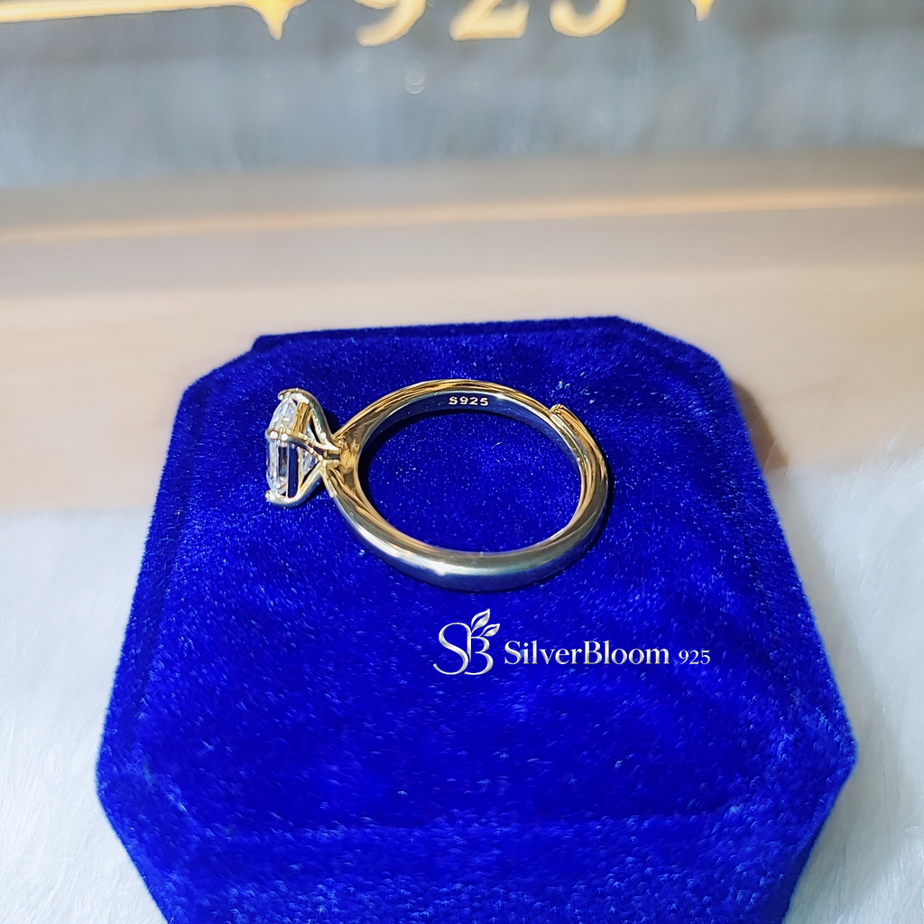 SilverBloom 925 Adjustable Emerald Cut Moissanite Solitaire Ring – 14K Gold Plated Sterling Silver