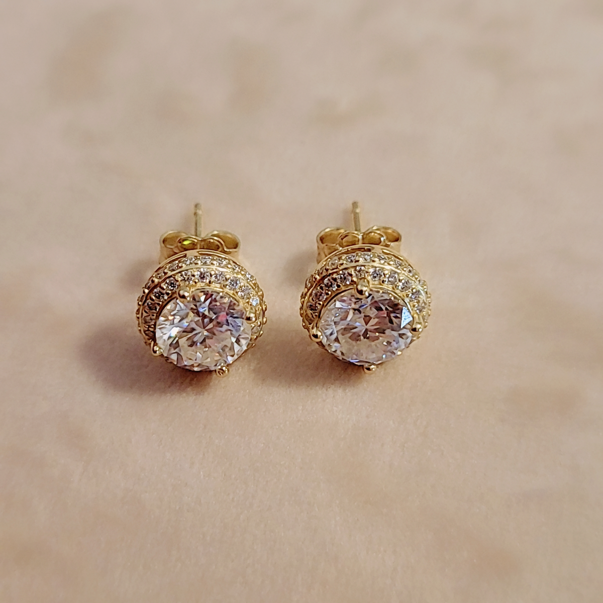 SilverBloom 925 6.5mm Round Moissanite Stud Earrings – 14K Gold-Plated Sterling Silver