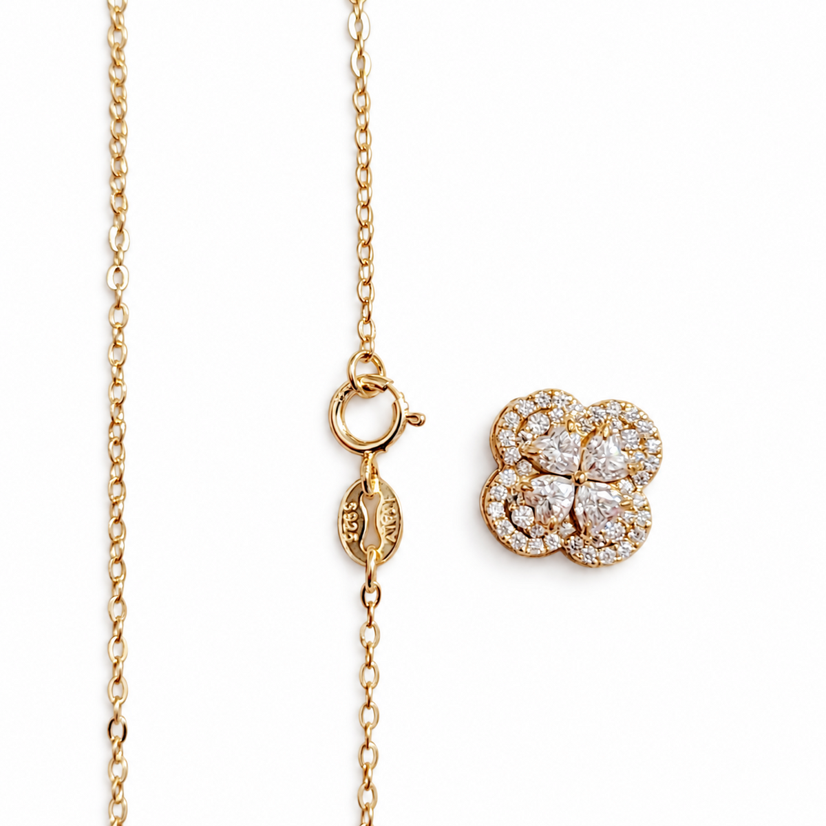 SilverBloom 925 Four-Leaf Clover 0.10ct D VVS1 Moissanite 14K Gold Plated Sterling Silver Necklace