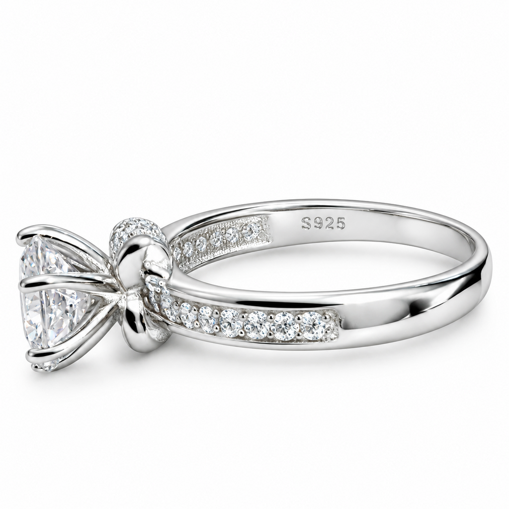 SilverBloom 925 Women's Round Cut Cubic Zirconia Solitaire Ring with Pavé Band – Size 7