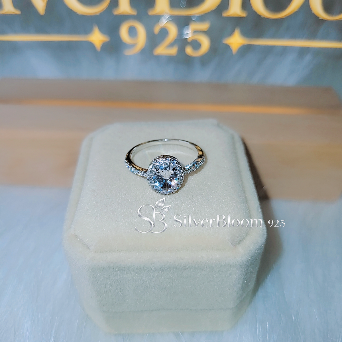 SilverBloom 925 Oval-Cut Cubic Zirconia Halo Ring with Pavé Band – Size 8