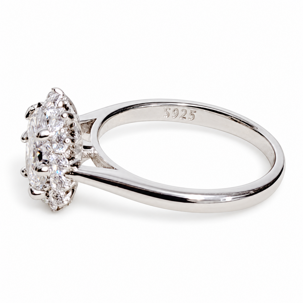 SilverBloom 925 Oval-Cut Cubic Zirconia Geometric Floral Halo Ring – Size 6