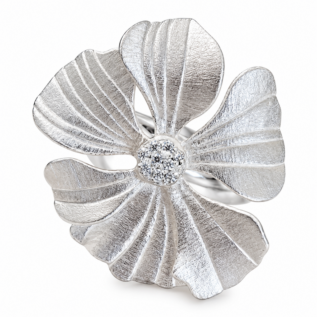 925 Sterling Silver-Plated CZ Textured Flower Adjustable Statement Ring