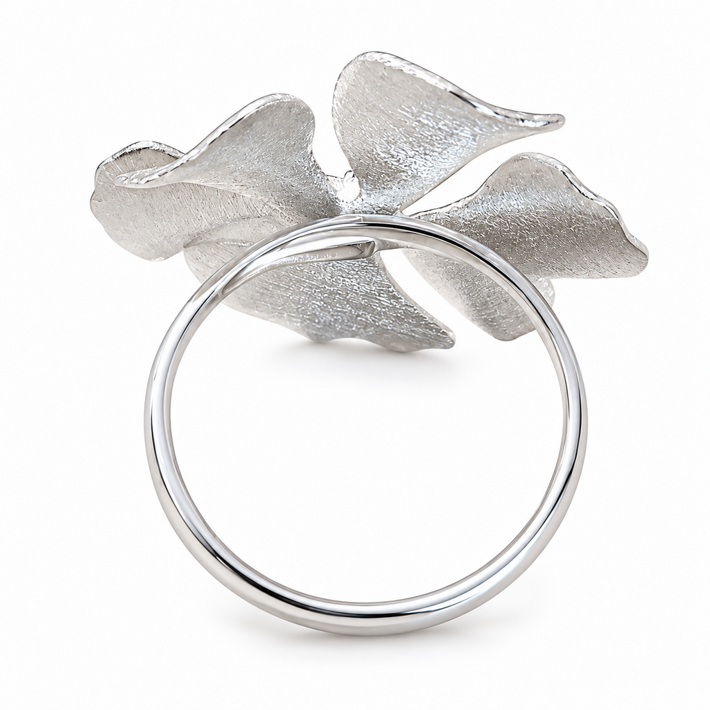 925 Sterling Silver-Plated CZ Textured Flower Adjustable Statement Ring