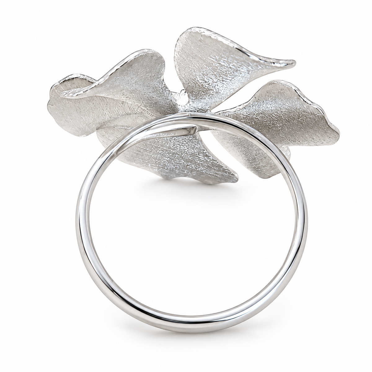 925 Sterling Silver-Plated CZ Textured Flower Adjustable Statement Ring