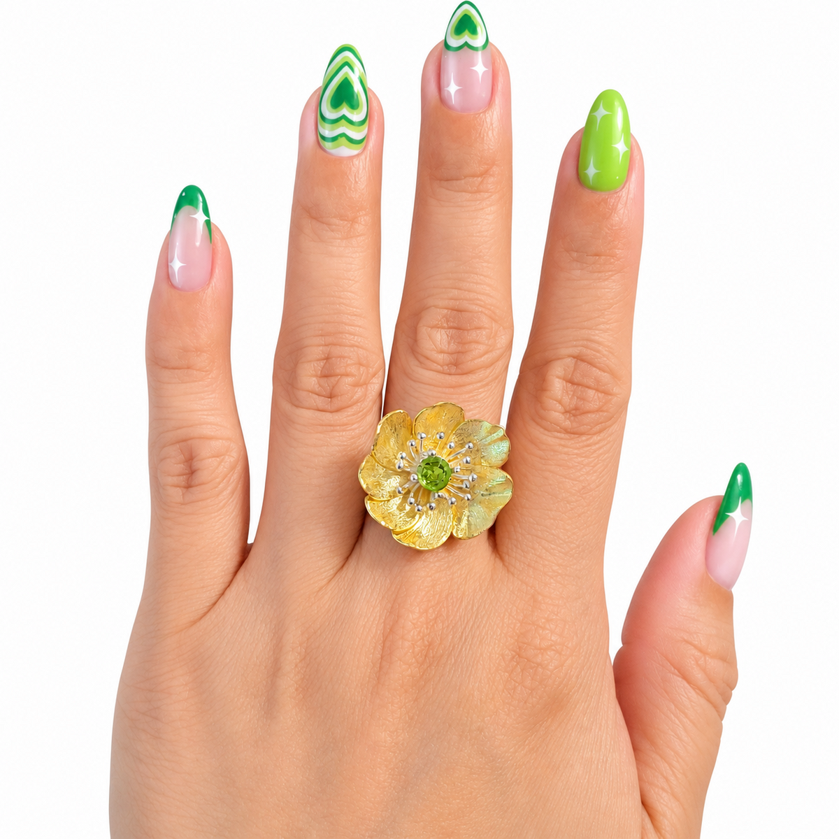 925 Sterling Silver 18K Gold Plated Natural Olivine Floral Adjustable Ring