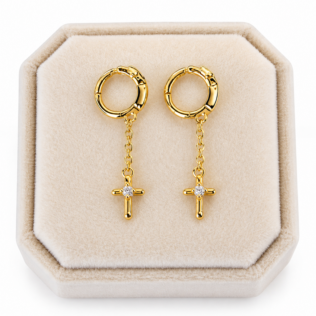 18K Gold-Plated 925 Sterling Silver Cross Drop Huggie Helix Earrings