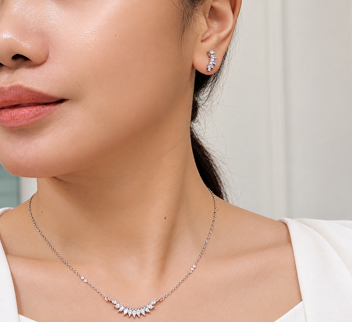 SilverBloom 925 Marquise-Cut Cubic Zirconia Wing Necklace & Earrings Set