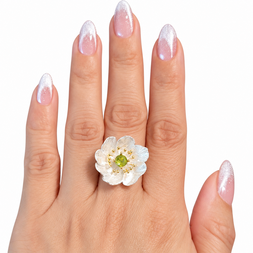 925 Sterling Silver Natural Olivine Floral Adjustable Statement Ring